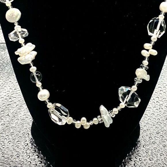 OU#  Long 26” Pearl & Crystal Necklace w/ 925 Silver Clasp - Picture 3 of 9